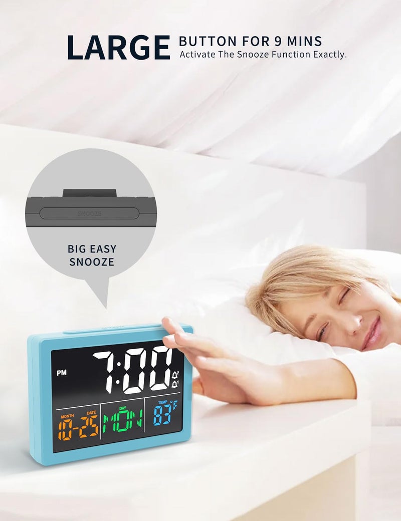 جال ساعة منبه رقمية مع شاشة عرض LED كبيرة مقاس 5.5 بوصة، حجم منبه قابل للتعديل، 6 مستويات، إعدادات منبه للسطوع، شاحن USB، كشف درجة الحرارة، ساعات غفوة لغرفة النوم، مكتب بجانب السرير، أزرق - Image 5